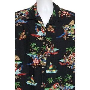Benny's Hawaiian Camp Shirt Men's XL Parrots Cocktails Black Colorful Button